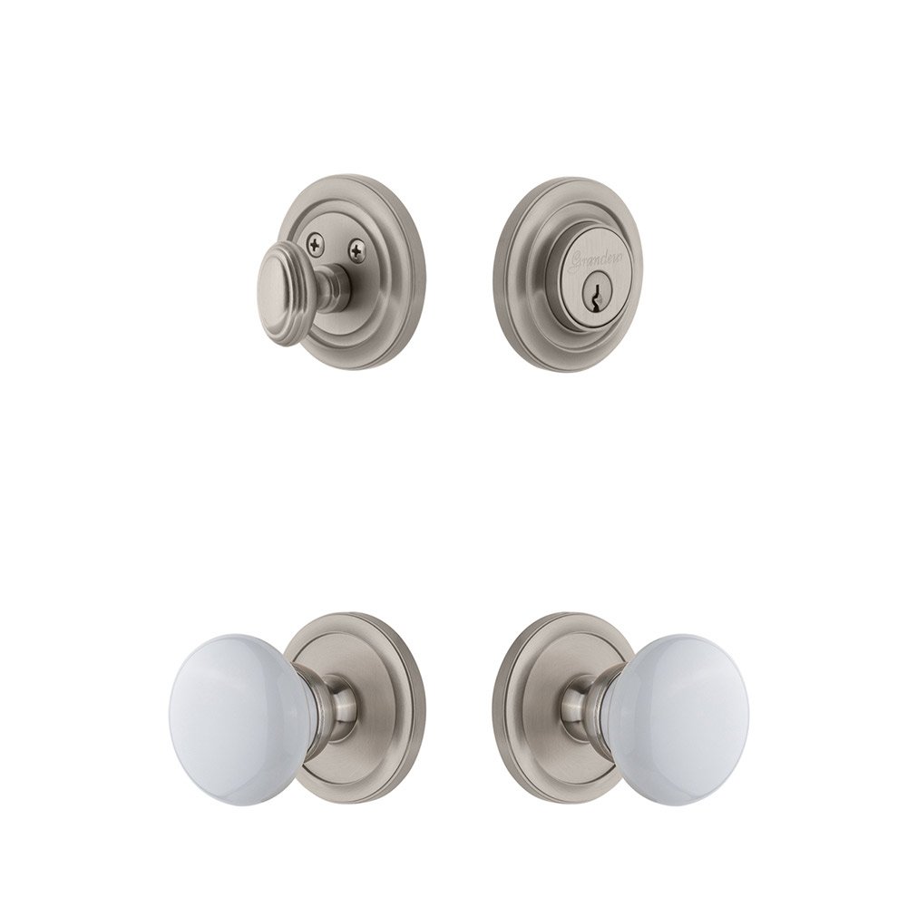 Handleset - Circulaire Rosette With Hyde Park Porcelain Knob & Matching Deadbolt In Satin Nickel