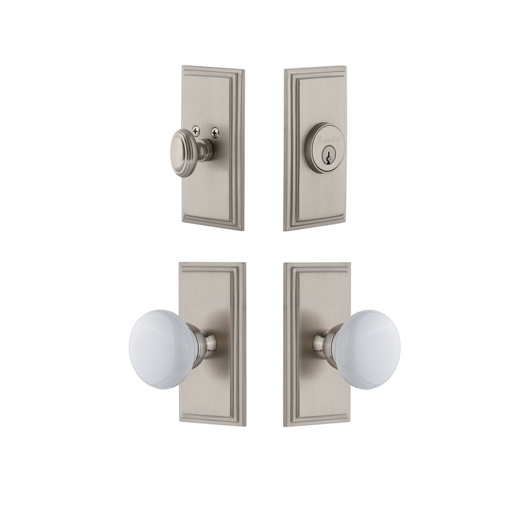 Handleset - Carre Plate With Hyde Park Porcelain Knob & Matching Deadbolt In Satin Nickel