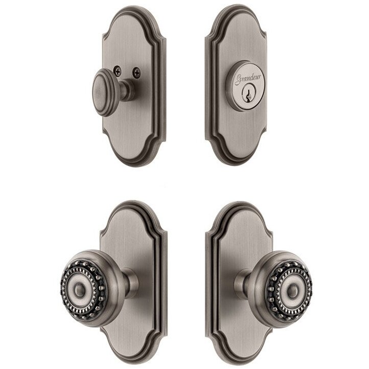Handleset - Arc Plate With Parthenon Knob & Matching Deadbolt In Antique Pewter