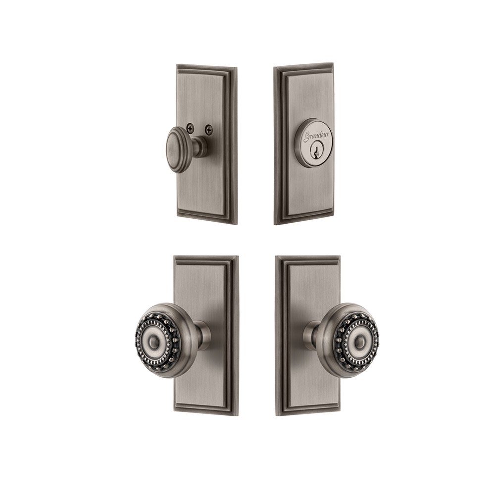 Handleset - Carre Plate With Parthenon Knob & Matching Deadbolt In Antique Pewter