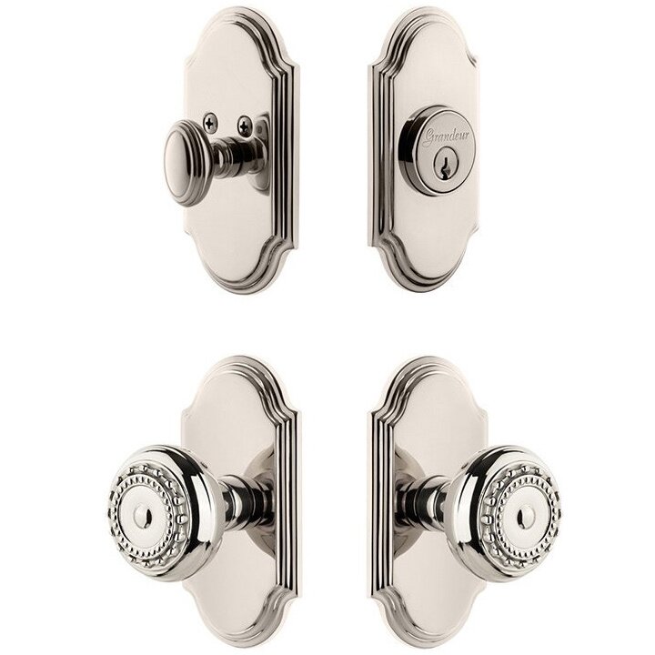 Handleset - Arc Plate With Parthenon Knob & Matching Deadbolt In Polished Nickel