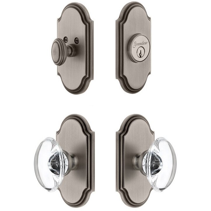 Handleset - Arc Plate With Provence Crystal Knob & Matching Deadbolt In Antique Pewter