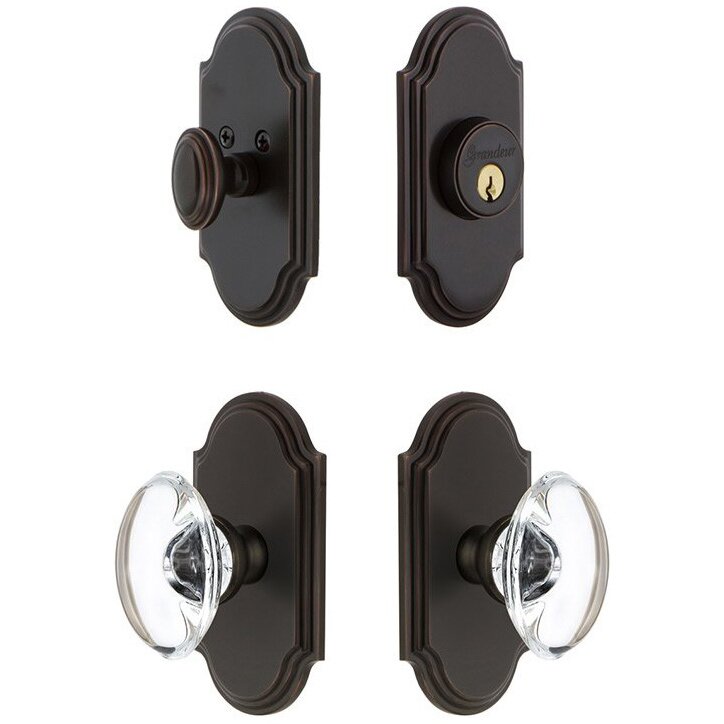 Handleset - Arc Plate With Provence Crystal Knob & Matching Deadbolt In Timeless Bronze