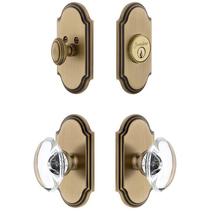 Handleset - Arc Plate With Provence Crystal Knob & Matching Deadbolt In Vintage Brass