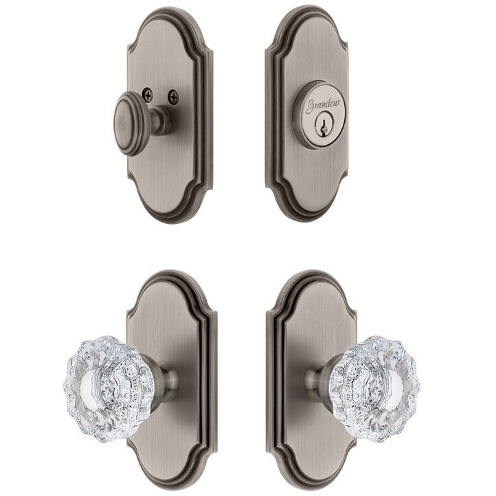 Handleset - Arc Plate With Versailles Crystal Knob & Matching Deadbolt In Antique Pewter