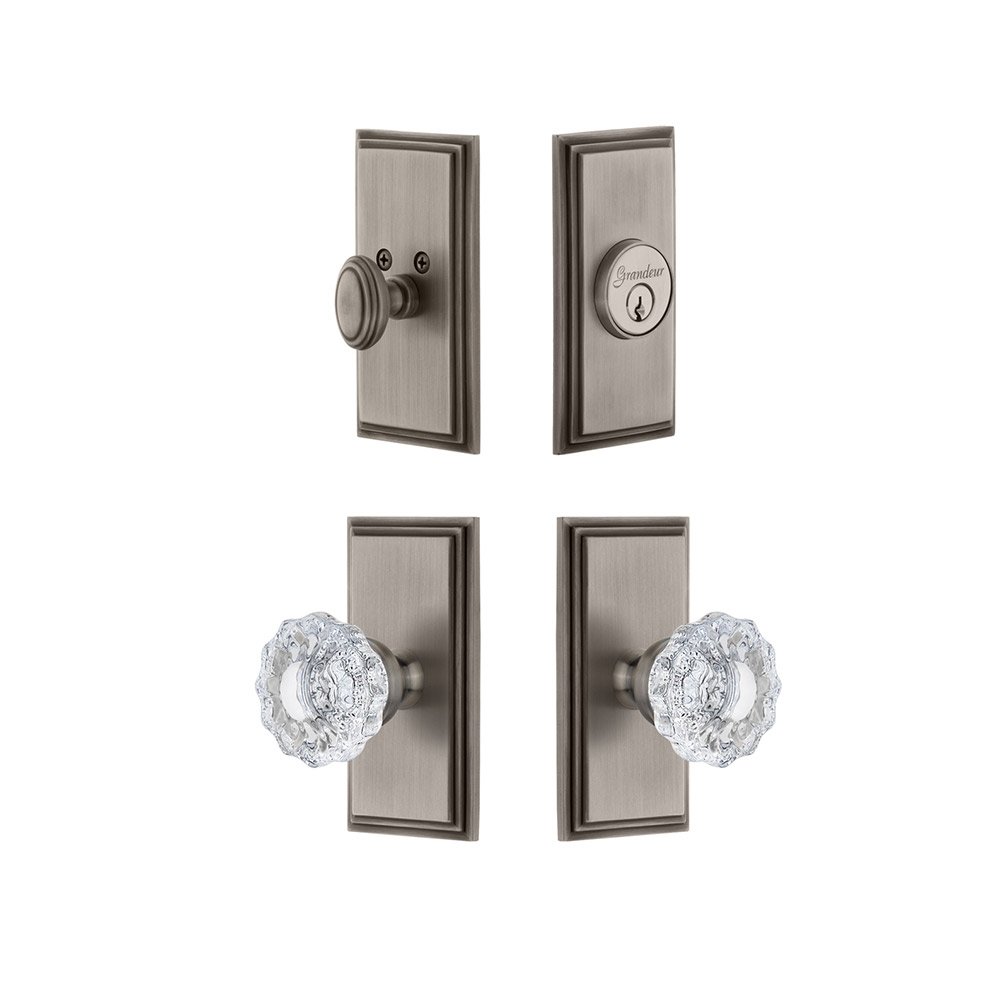 Handleset - Carre Plate With Versailles Crystal Knob & Matching Deadbolt In Antique Pewter