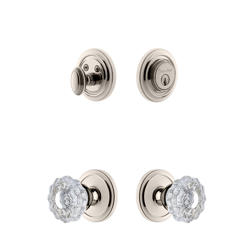Handleset - Circulaire Rosette With Versailles Crystal Knob & Matching Deadbolt In Polished Nickel