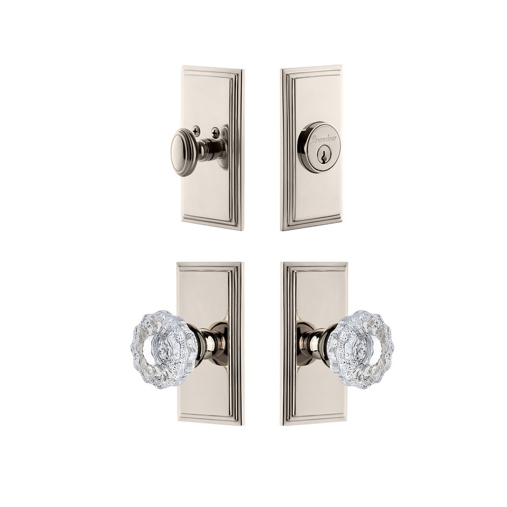Handleset - Carre Plate With Versailles Crystal Knob & Matching Deadbolt In Polished Nickel