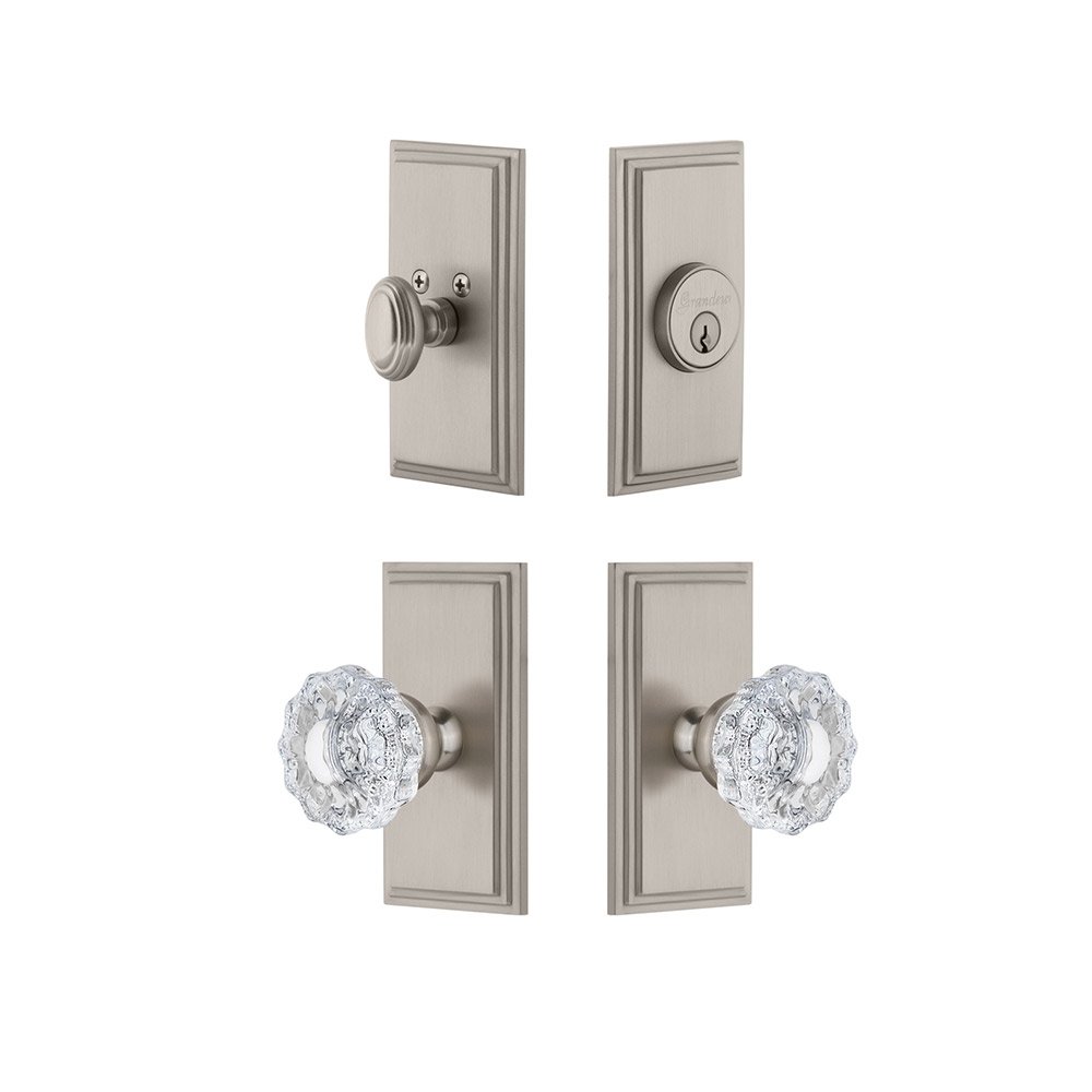 Handleset - Carre Plate With Versailles Crystal Knob & Matching Deadbolt In Satin Nickel