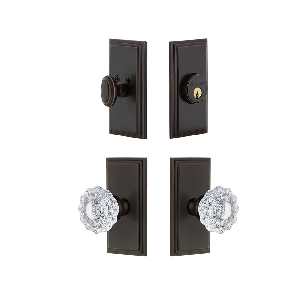 Handleset - Carre Plate With Versailles Crystal Knob & Matching Deadbolt In Timeless Bronze