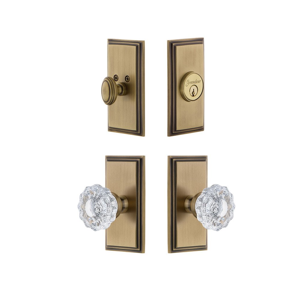 Handleset - Carre Plate With Versailles Crystal Knob & Matching Deadbolt In Vintage Brass