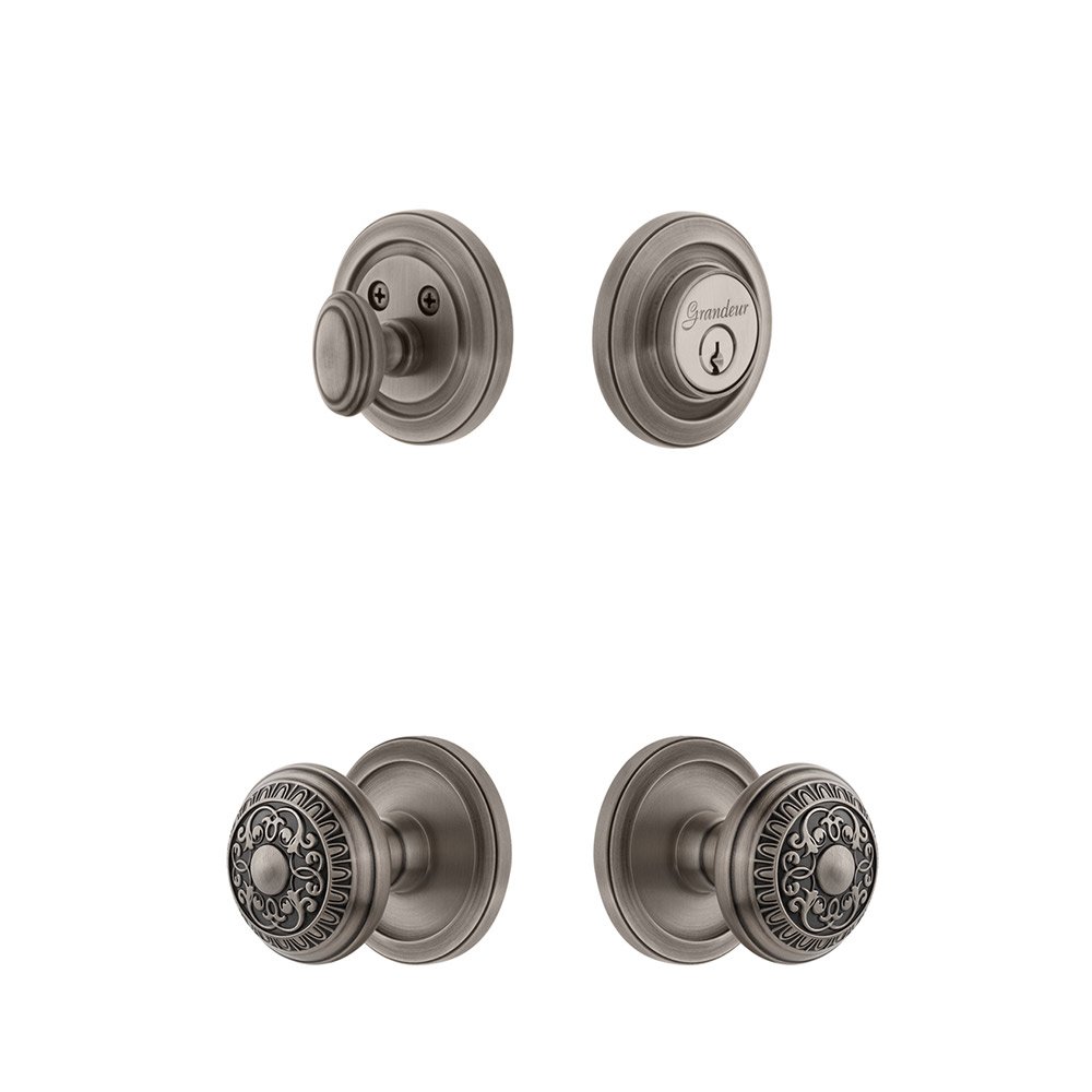 Handleset - Circulaire Rosette With Windsor Knob & Matching Deadbolt In Antique Pewter