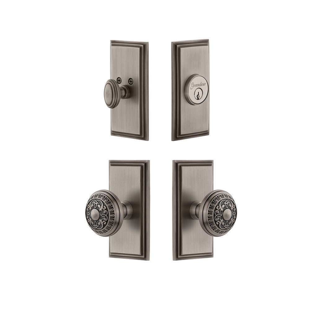Handleset - Carre Plate With Windsor Knob & Matching Deadbolt In Antique Pewter