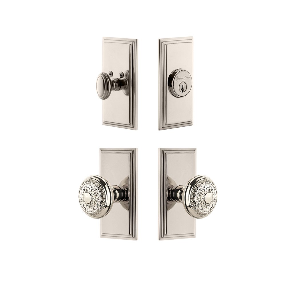 Handleset - Carre Plate With Windsor Knob & Matching Deadbolt In Polished Nickel