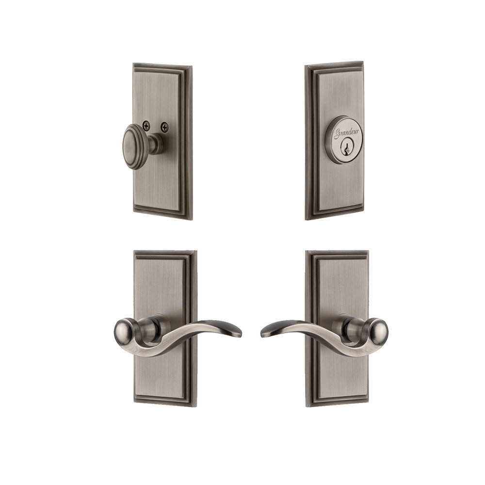 Handleset - Carre Plate With Bellagio Lever & Matching Deadbolt In Antique Pewter