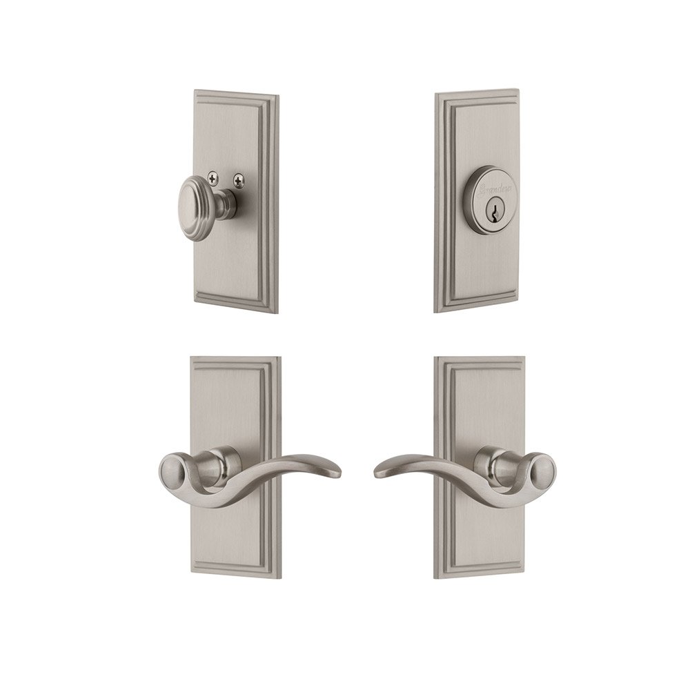 Handleset - Carre Plate With Bellagio Lever & Matching Deadbolt In Satin Nickel