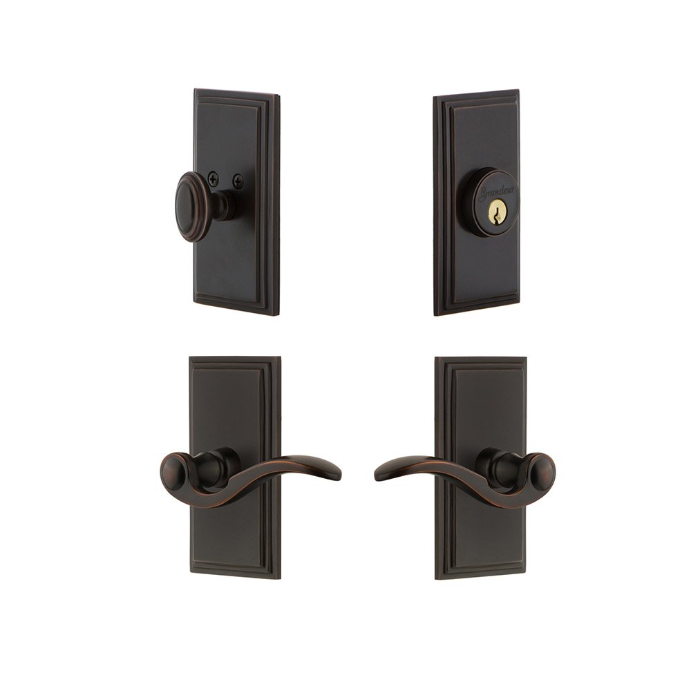 Handleset - Carre Plate With Bellagio Lever & Matching Deadbolt In Timeless Bronze