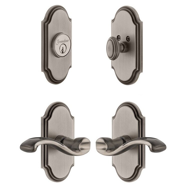 Handleset - Arc Plate With Portfino Lever & Matching Deadbolt In Antique Pewter