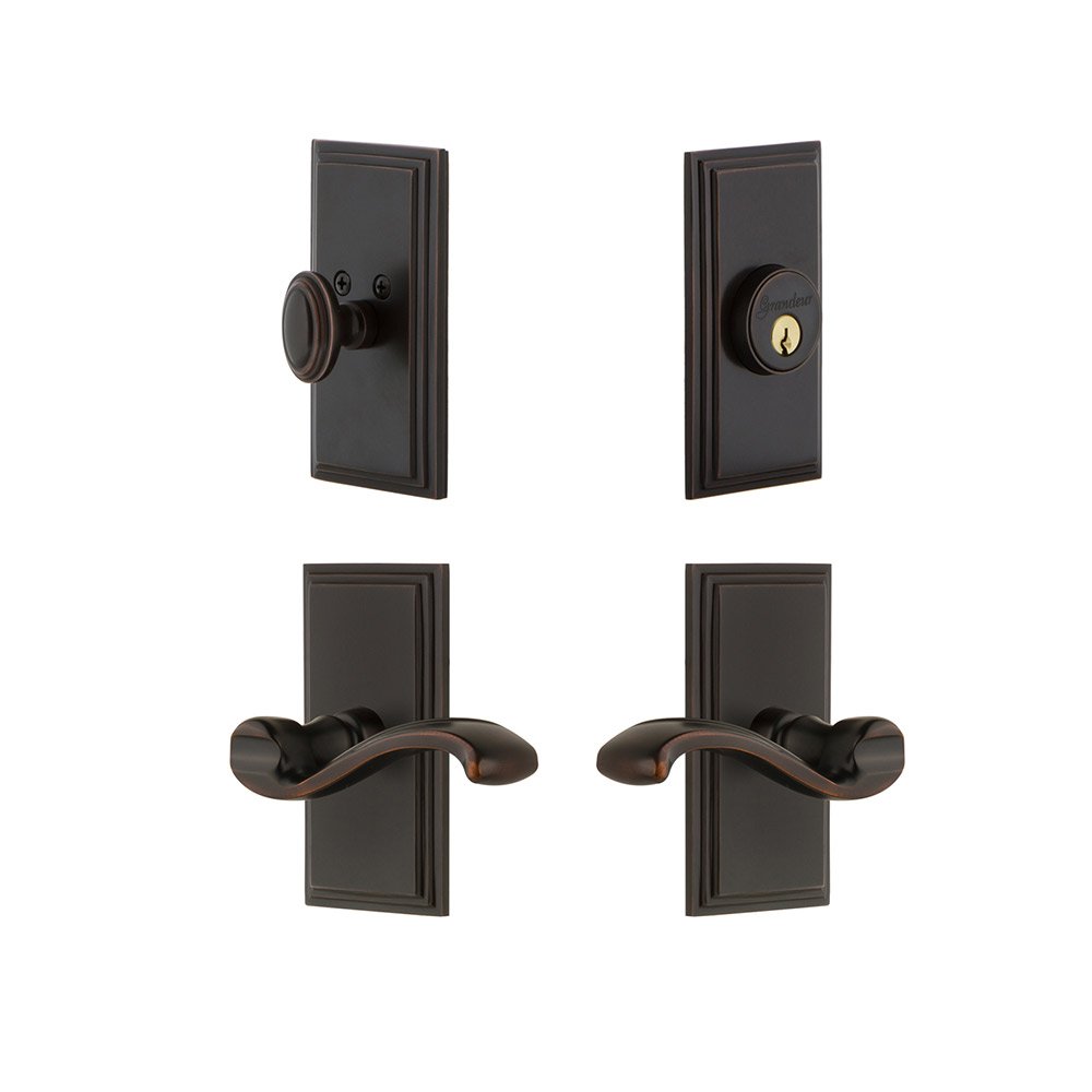 Handleset - Carre Plate With Portfino Lever & Matching Deadbolt In Timeless Bronze