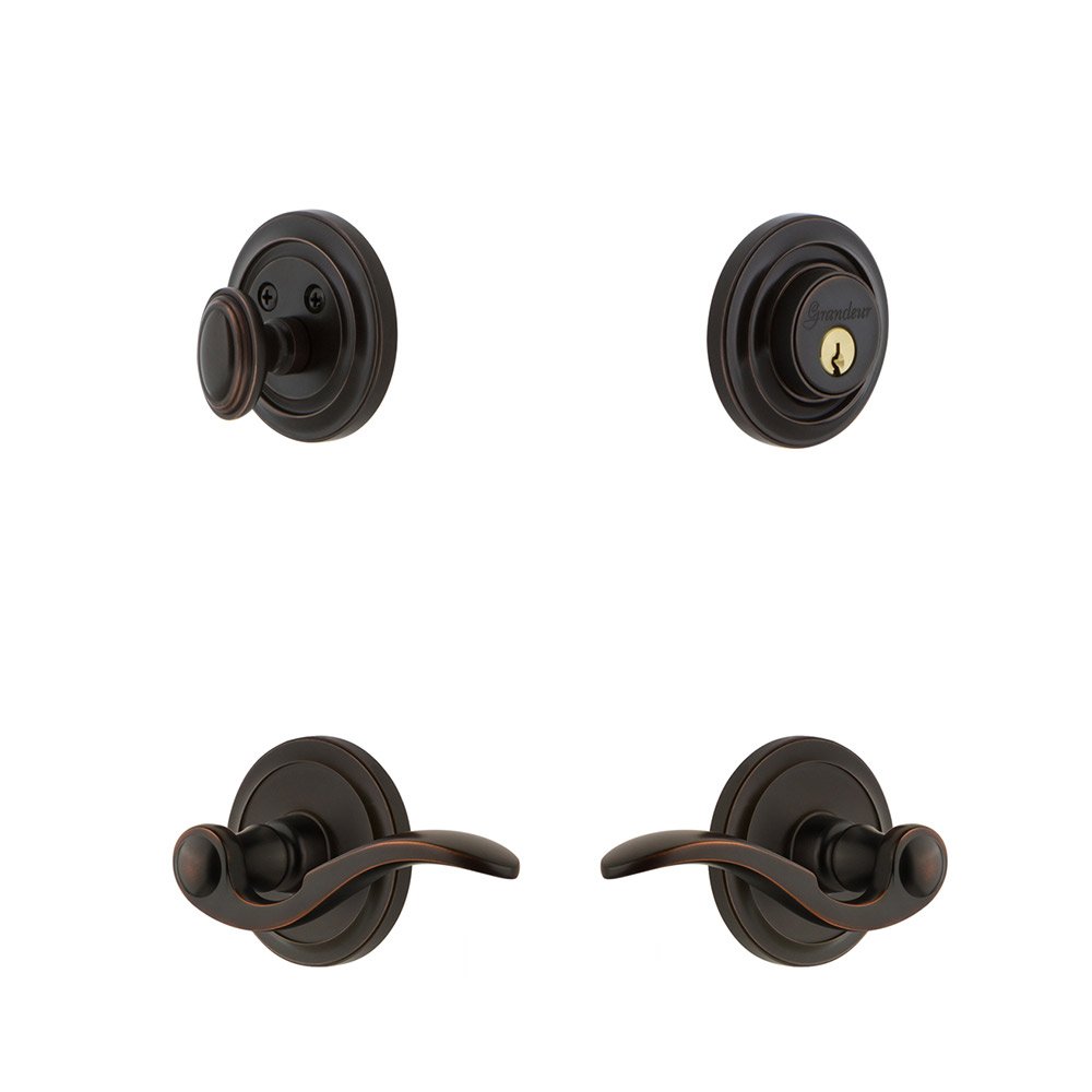 Handleset - Circulaire Rosette With Bellagio Lever & Matching Deadbolt In Timeless Bronze