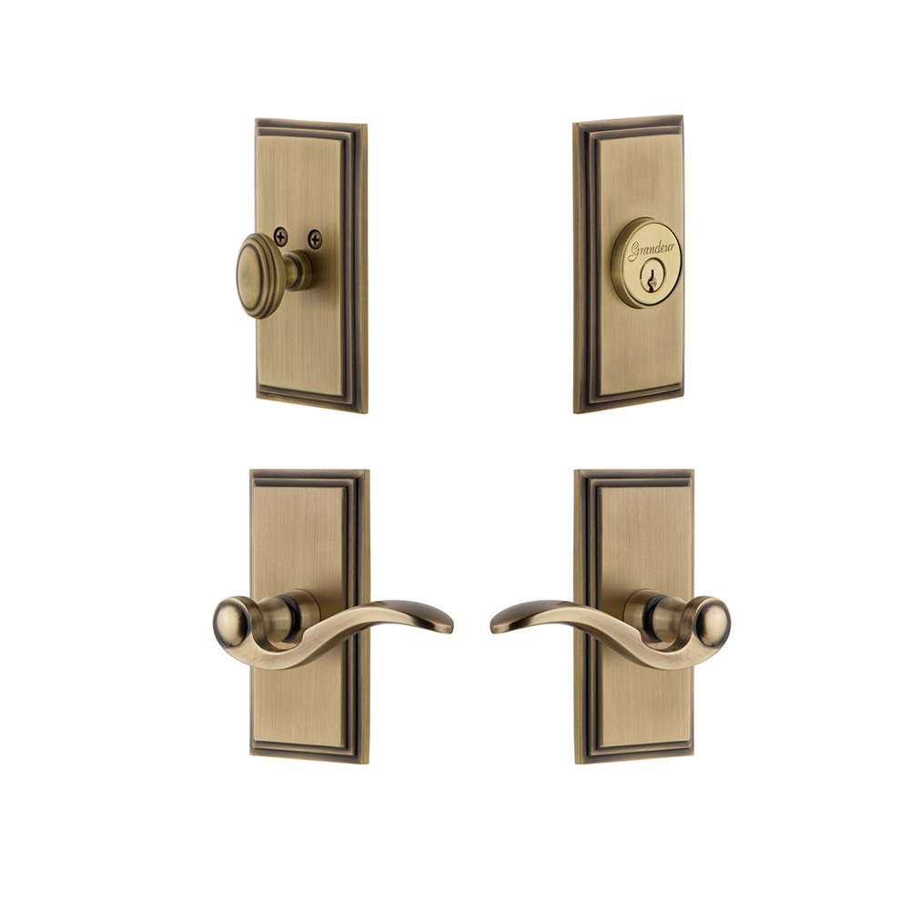 Handleset - Carre Plate With Bellagio Lever & Matching Deadbolt In Vintage Brass