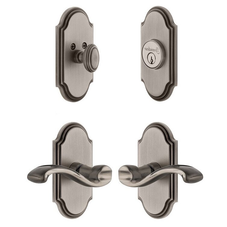 Handleset - Arc Plate With Portfino Lever & Matching Deadbolt In Antique Pewter