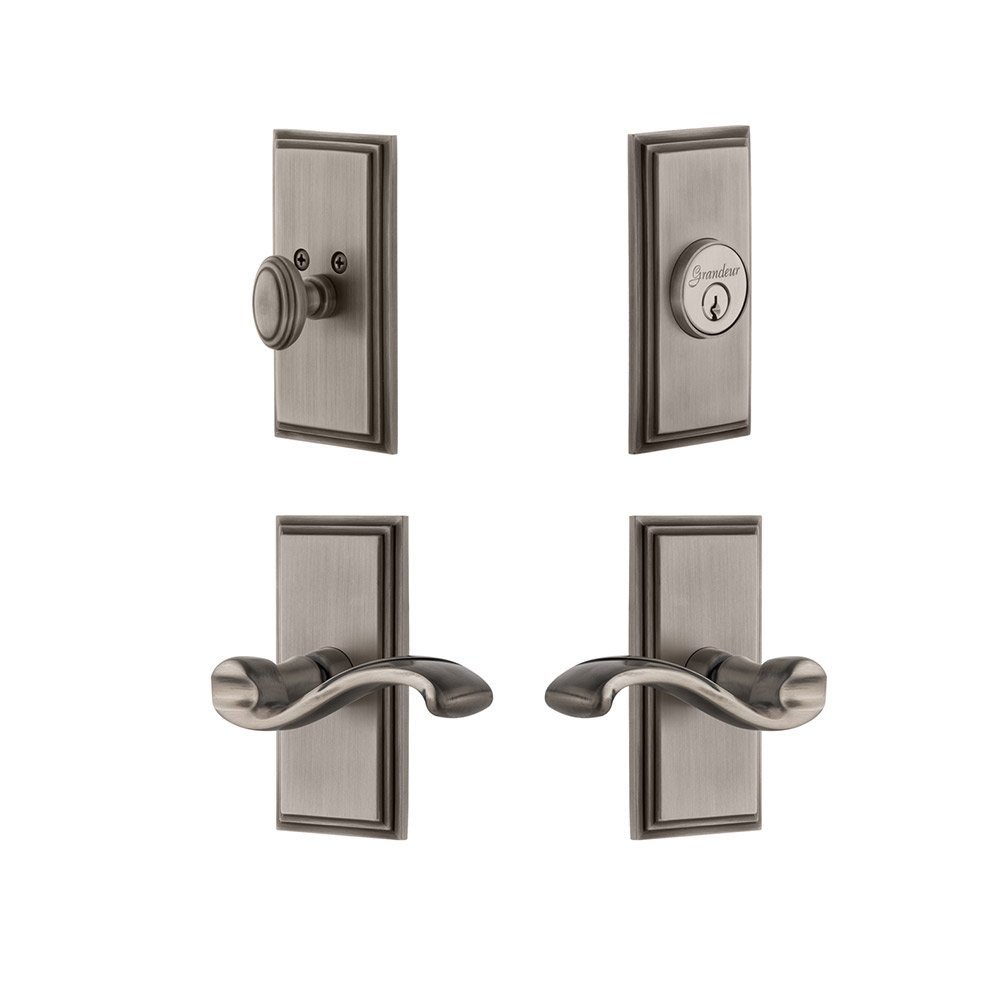 Handleset - Carre Plate With Portfino Lever & Matching Deadbolt In Antique Pewter