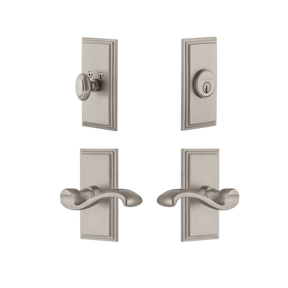 Handleset - Carre Plate With Portfino Lever & Matching Deadbolt In Satin Nickel