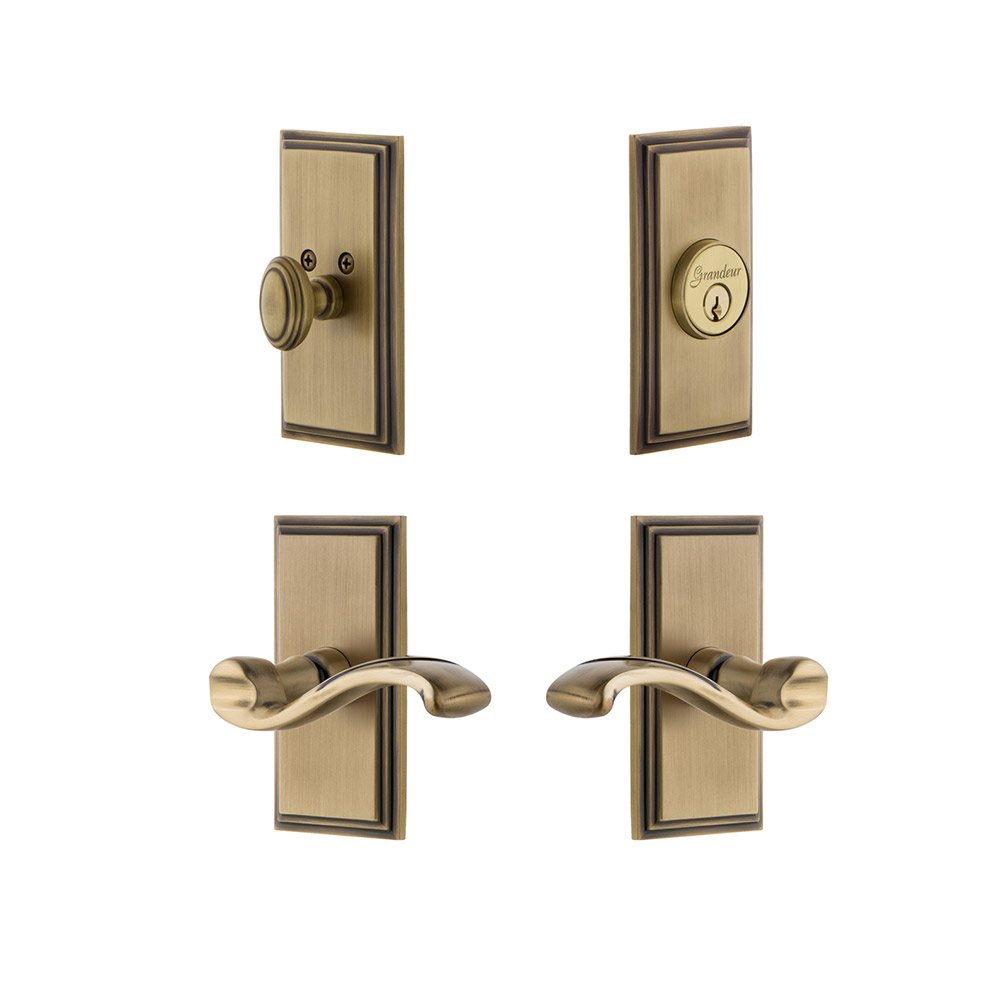 Handleset - Carre Plate With Portfino Lever & Matching Deadbolt In Vintage Brass