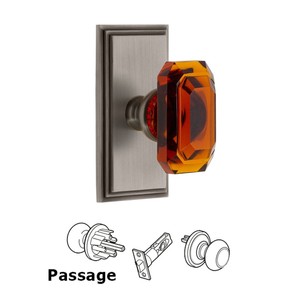 Carre - Passage Knob with Baguette Amber Crystal Knob in Antique Pewter
