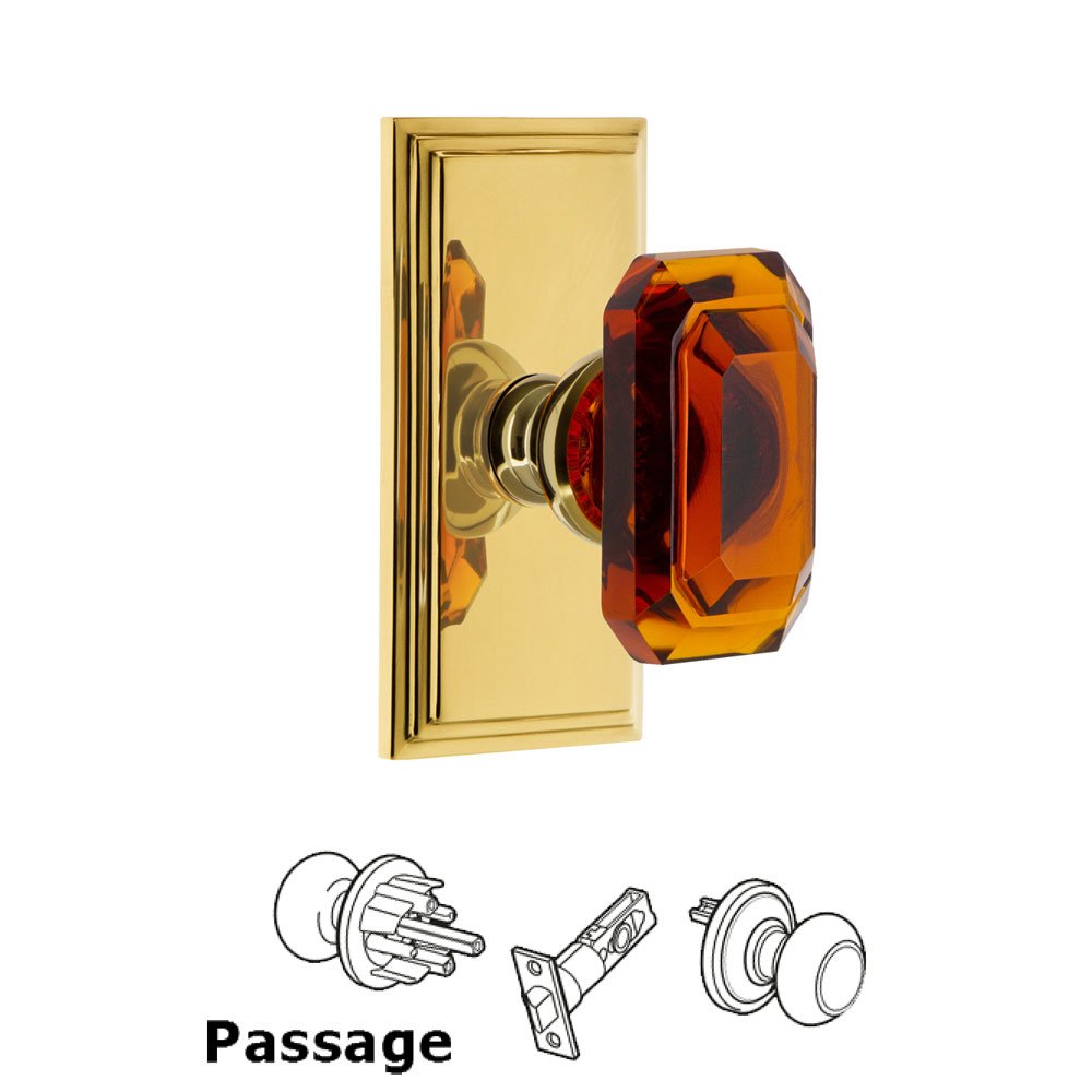 Carre - Passage Knob with Baguette Amber Crystal Knob in Lifetime Brass