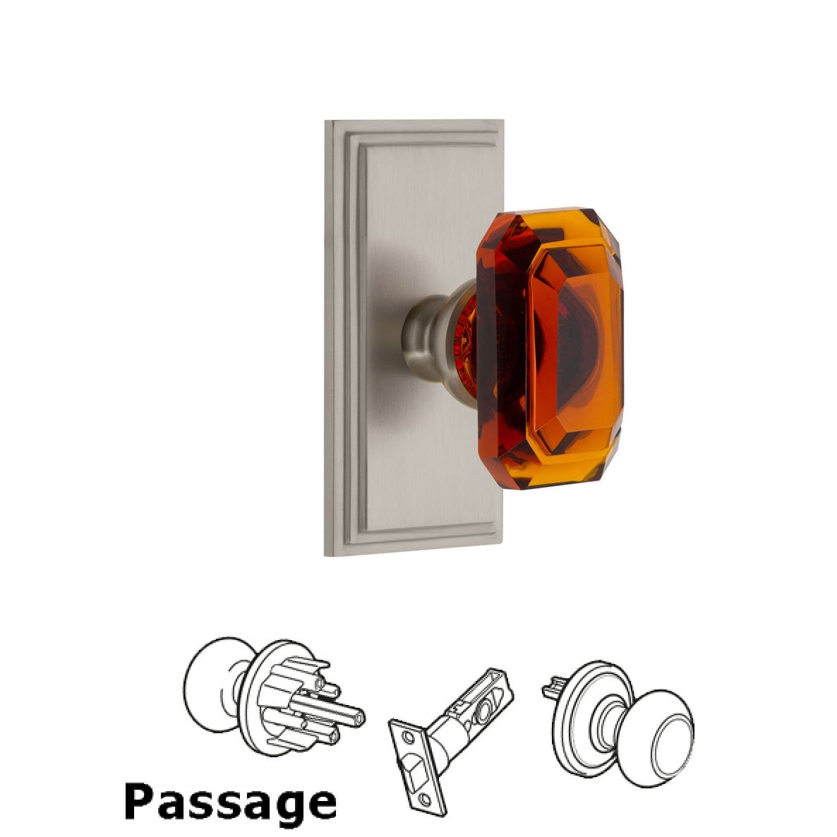 Carre - Passage Knob with Baguette Amber Crystal Knob in Satin Nickel