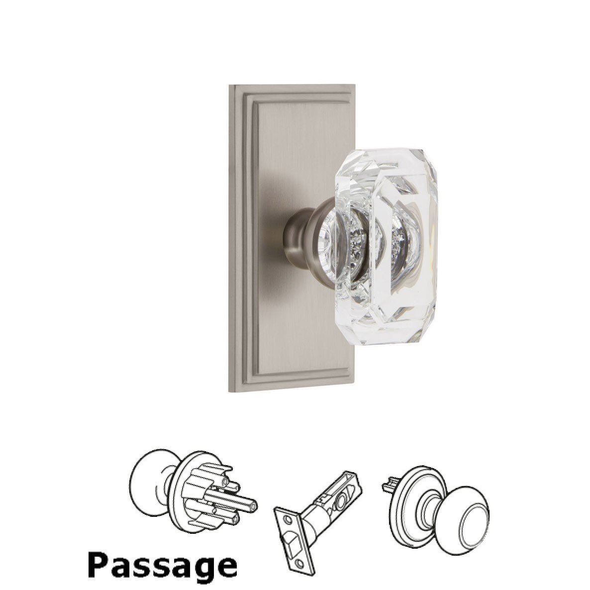 Carre - Passage Knob with Baguette Clear Crystal Knob in Satin Nickel