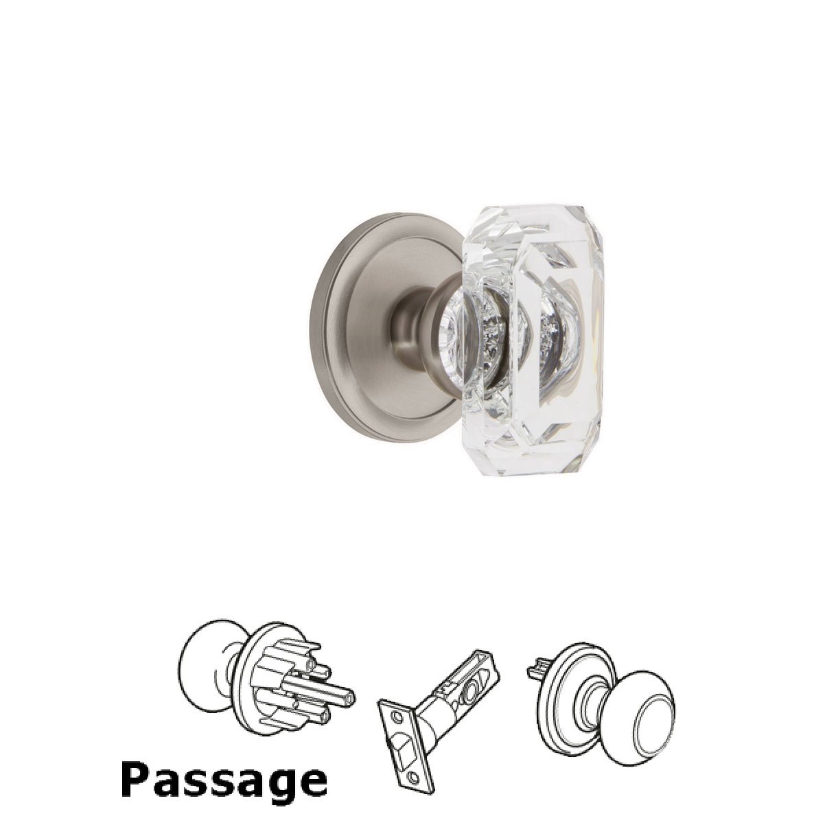 Circulaire - Passage Knob with Baguette Clear Crystal Knob in Satin Nickel