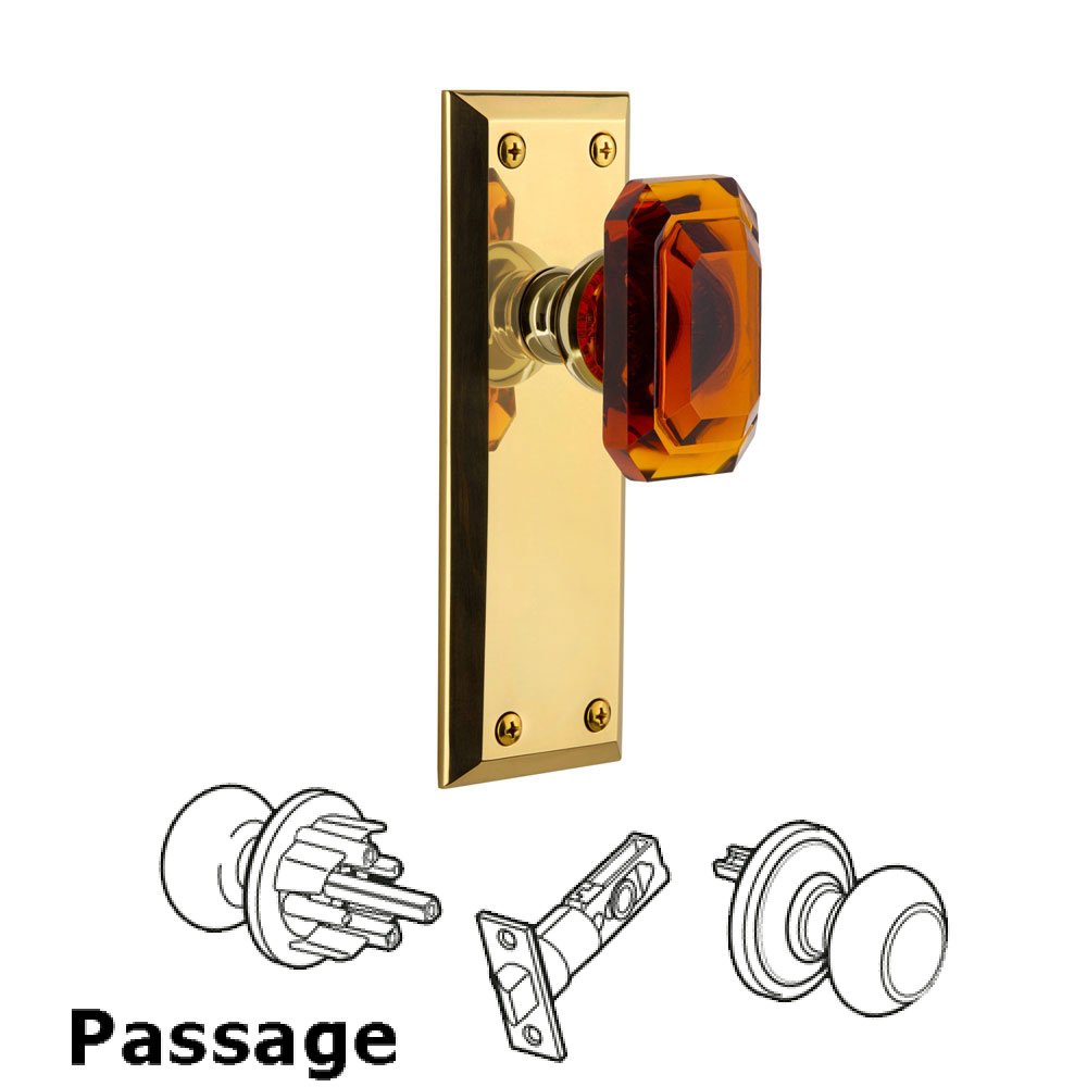 Fifth Avenue - Passage Knob with Baguette Amber Crystal Knob in Lifetime Brass