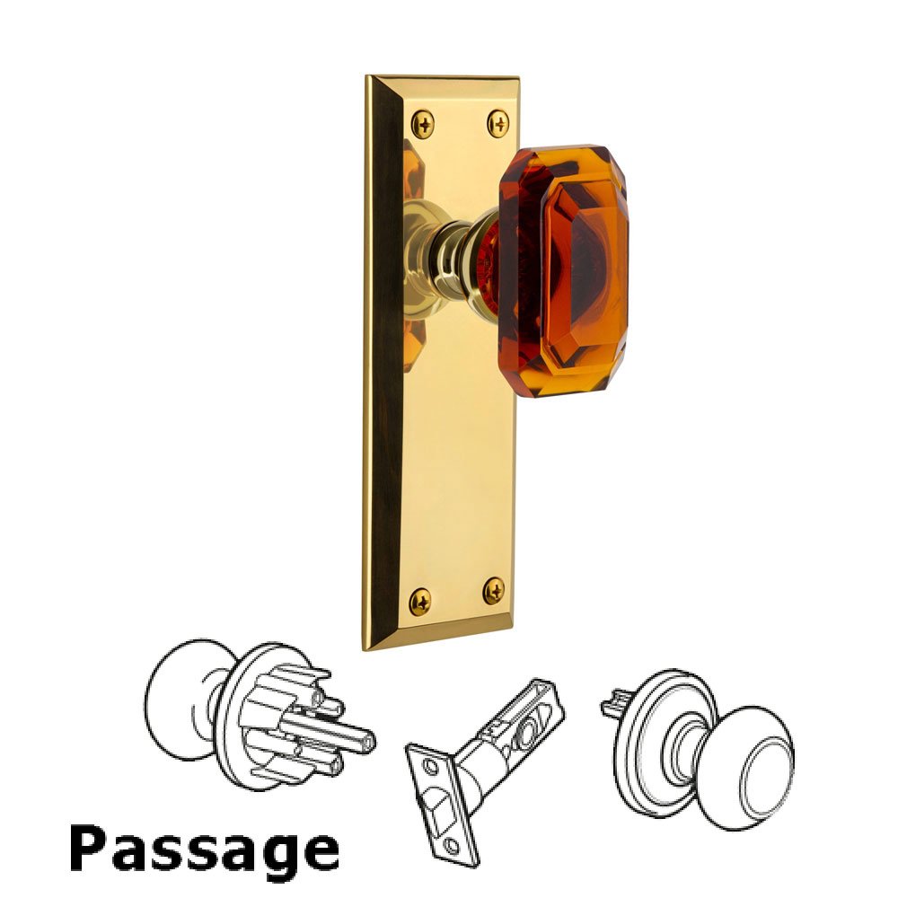 Fifth Avenue - Passage Knob with Baguette Amber Crystal Knob in Polished Brass