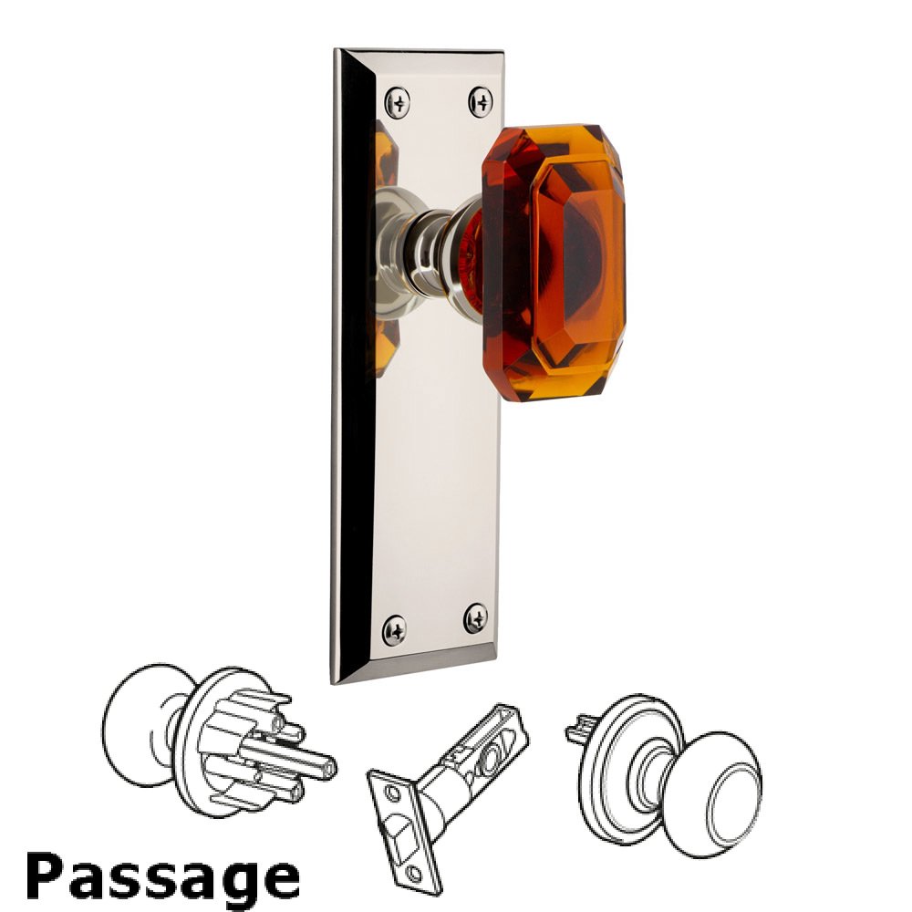 Fifth Avenue - Passage Knob with Baguette Amber Crystal Knob in Polished Nickel