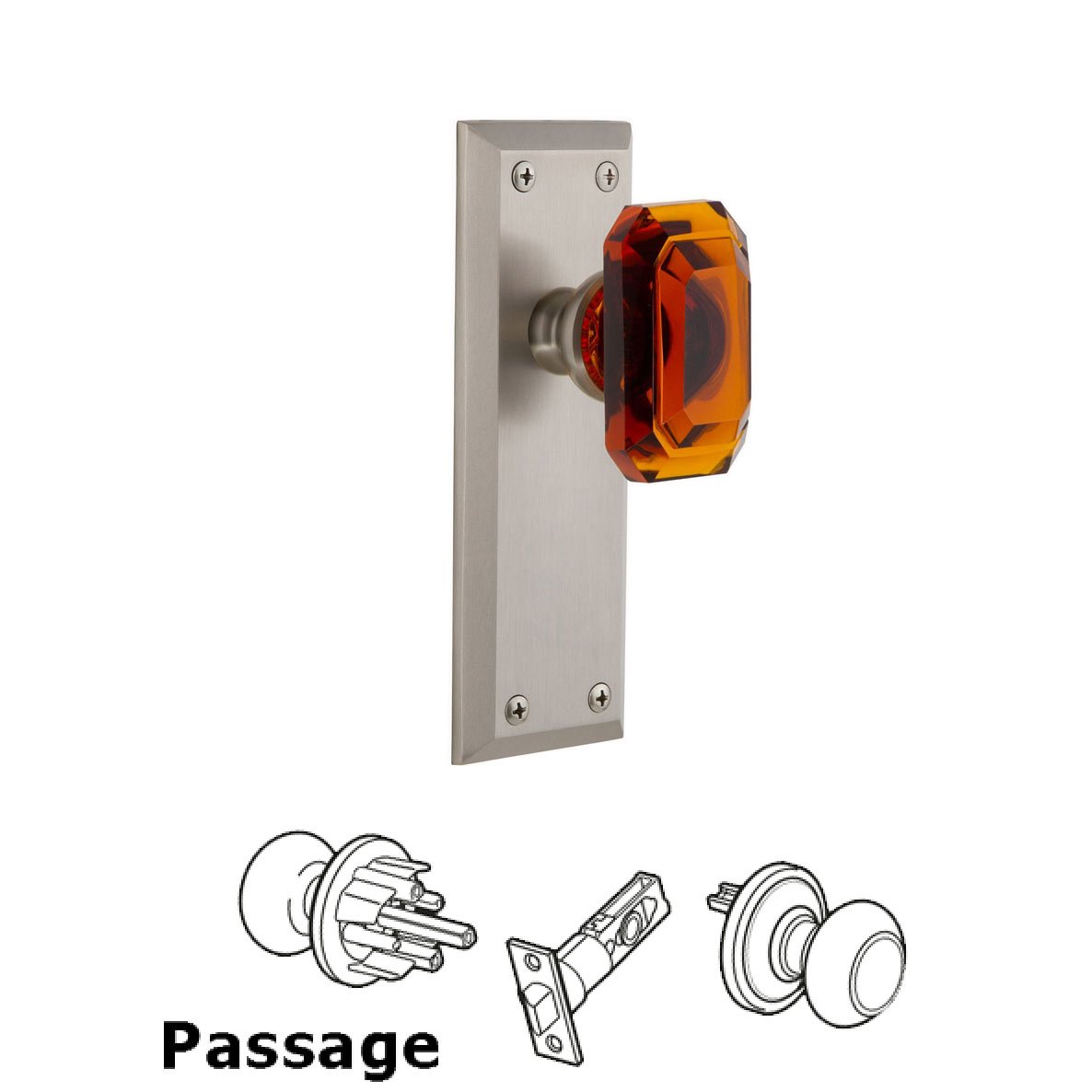 Fifth Avenue - Passage Knob with Baguette Amber Crystal Knob in Satin Nickel