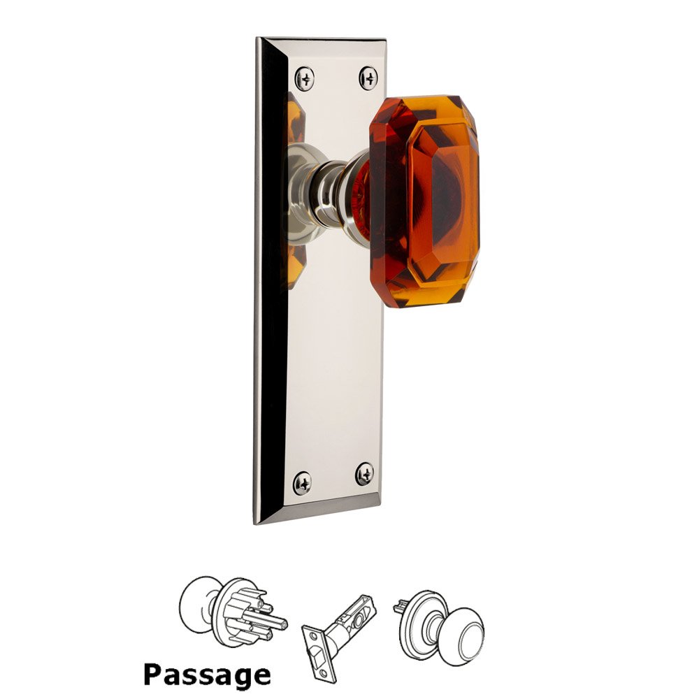 Fifth Avenue - Passage Knob with Baguette Amber Crystal Knob in Polished Nickel