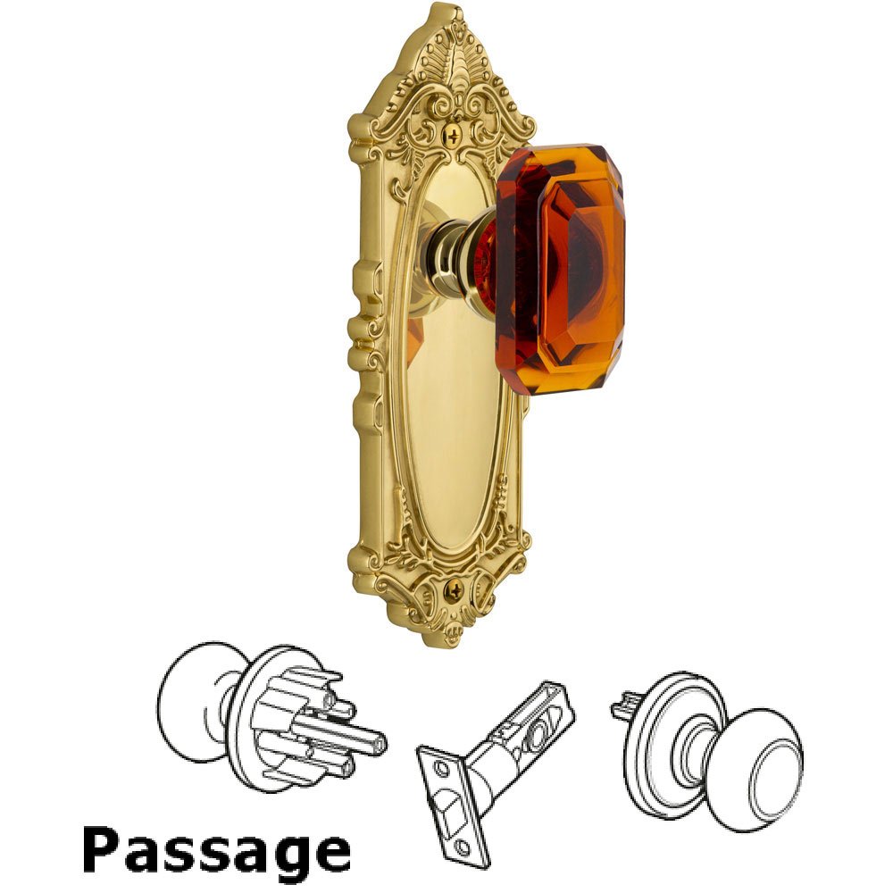 Grande Victorian - Passage Knob with Baguette Amber Crystal Knob in Polished Brass