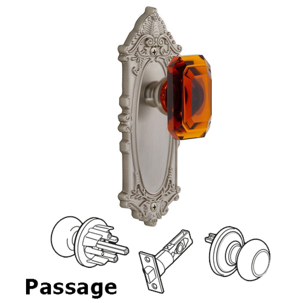 Grande Victorian - Passage Knob with Baguette Amber Crystal Knob in Satin Nickel
