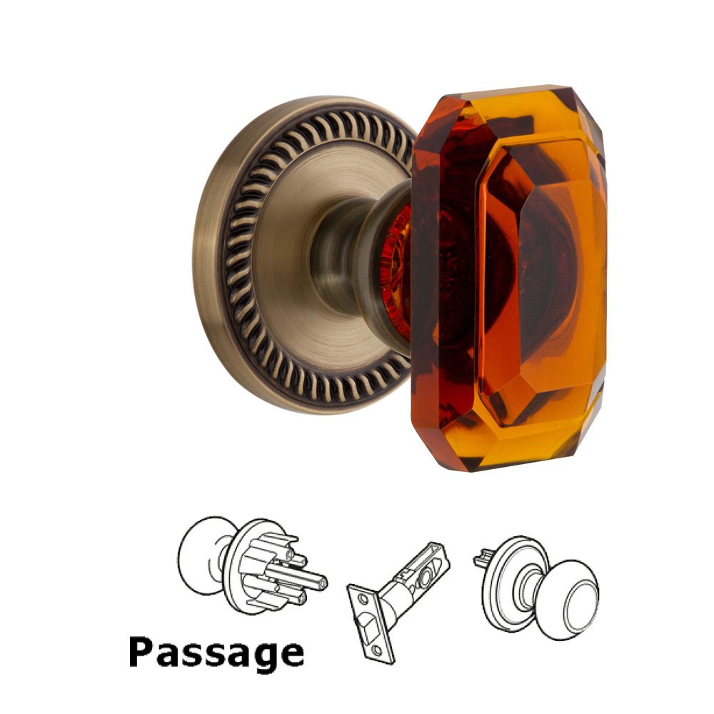 Newport - Passage Knob with Baguette Amber Crystal Knob in Vintage Brass