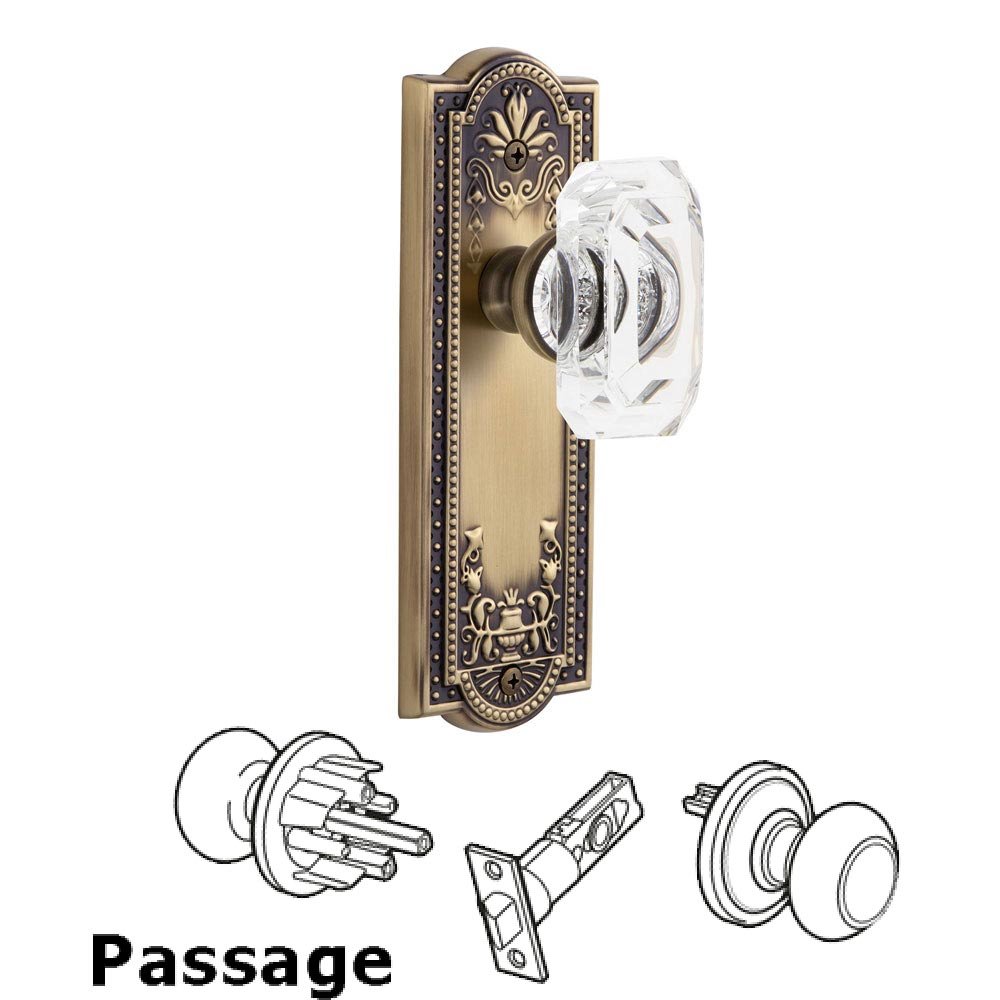 Parthenon - Passage Knob with Baguette Clear Crystal Knob in Vintage Brass
