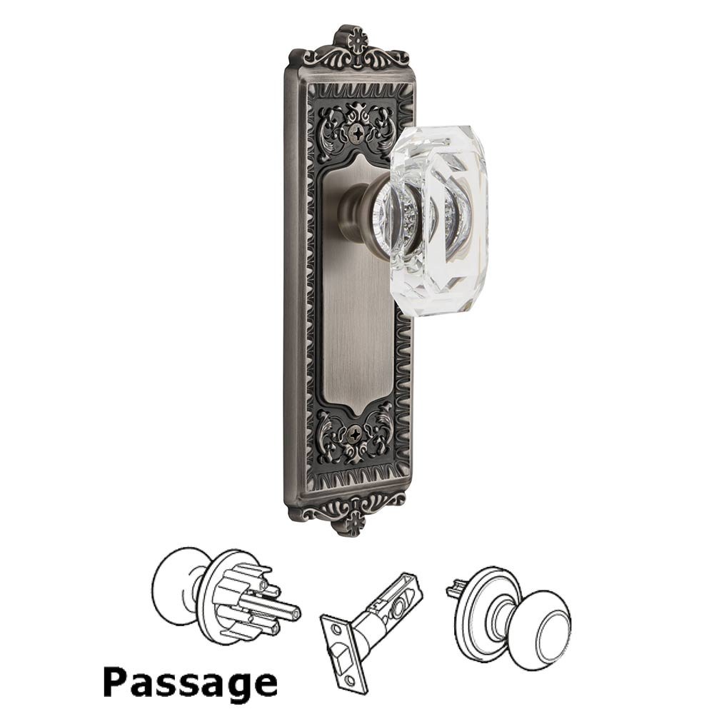 Windsor - Passage Knob with Baguette Clear Crystal Knob in Antique Pewter