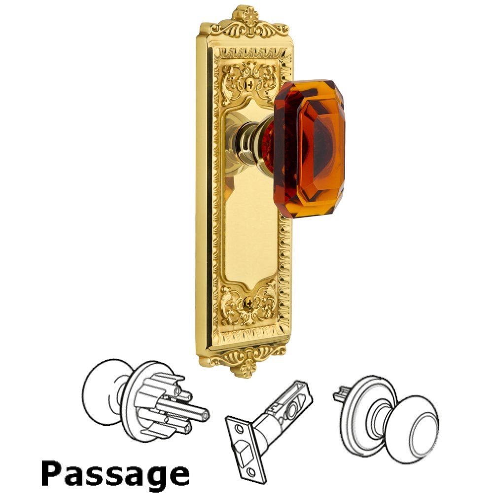 Windsor - Passage Knob with Baguette Amber Crystal Knob in Lifetime Brass