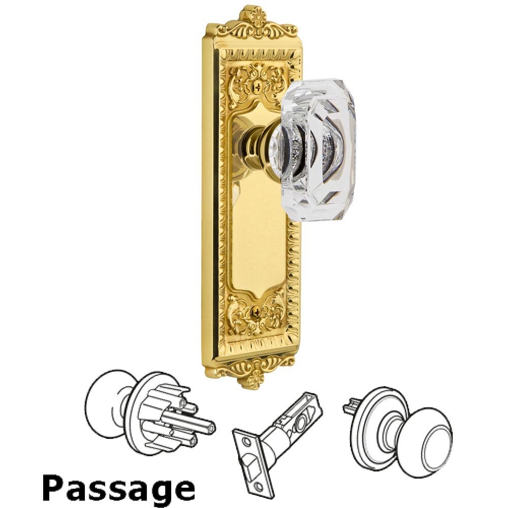 Windsor - Passage Knob with Baguette Clear Crystal Knob in Polished Brass