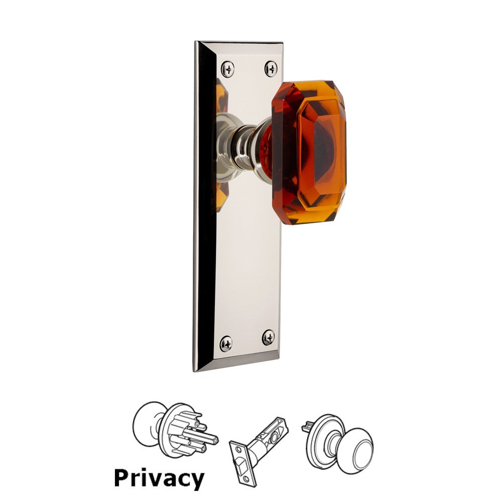 Fifth Avenue - Privacy Knob with Baguette Amber Crystal Knob in Polished Nickel