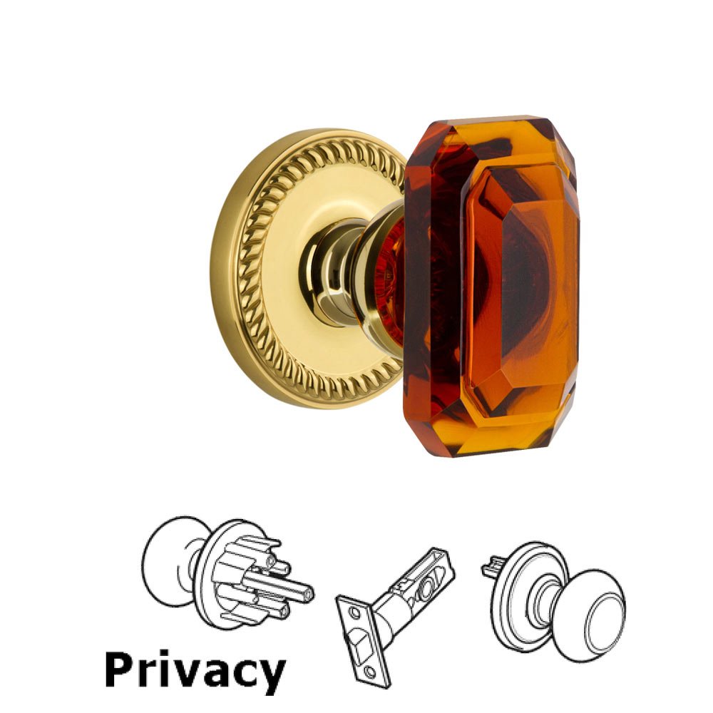 Newport - Privacy Knob with Baguette Amber Crystal Knob in Polished Brass