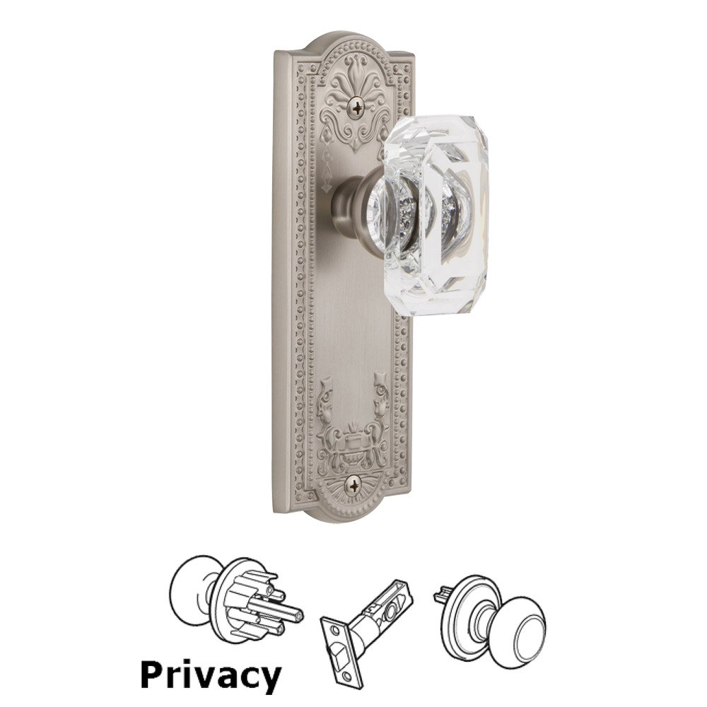 Parthenon - Privacy Knob with Baguette Clear Crystal Knob in Satin Nickel