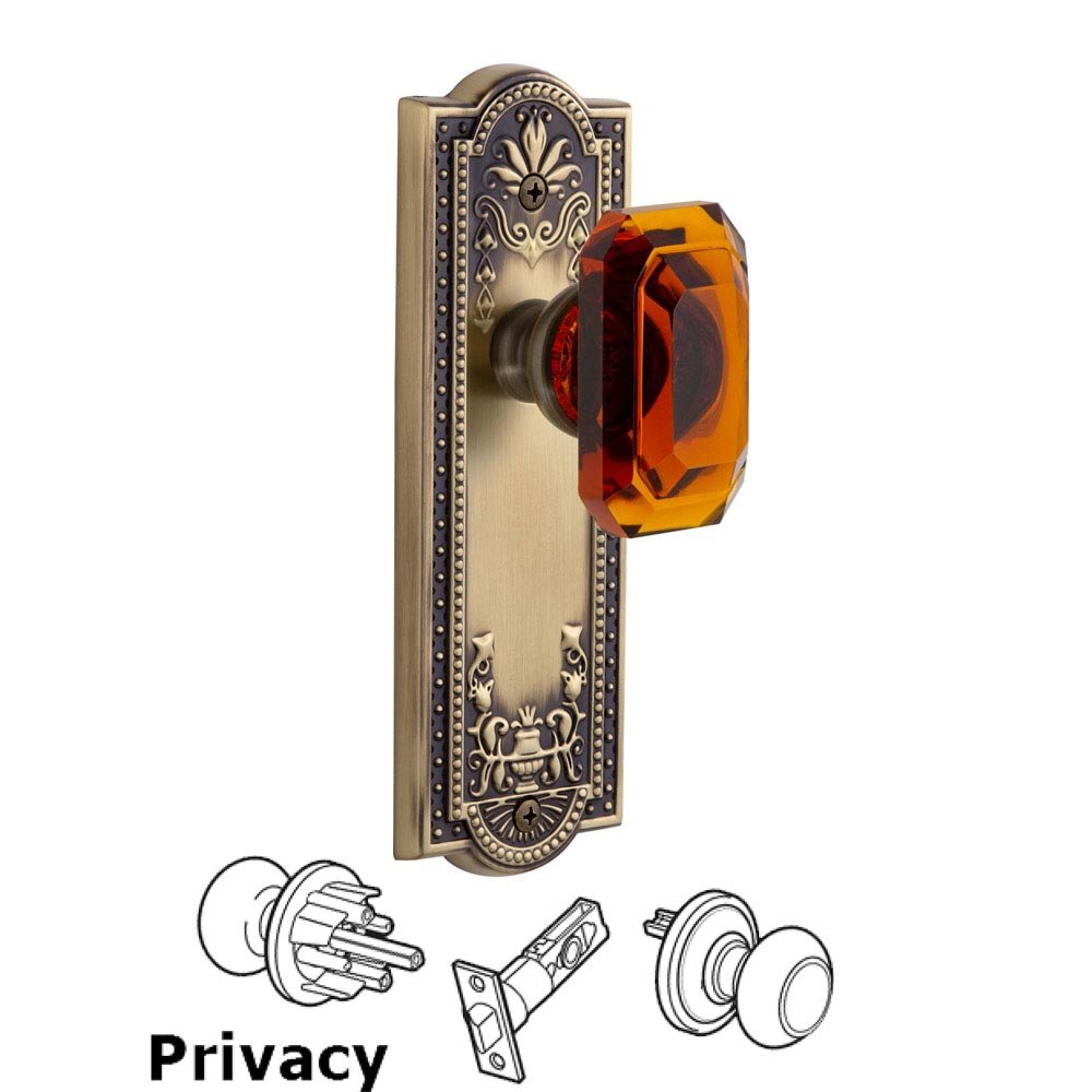 Parthenon - Privacy Knob with Baguette Amber Crystal Knob in Vintage Brass